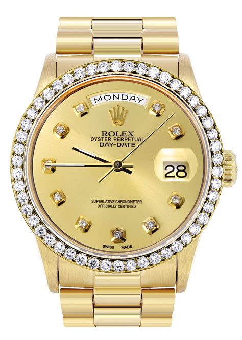 gold rolex day date diamond bezel|18k gold Rolex with diamonds.